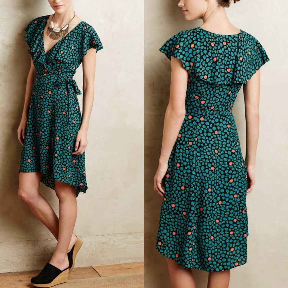 Anthropologie HD In Paris Ruffled Faux Wrap Dress Green Women's Size 4 Floral